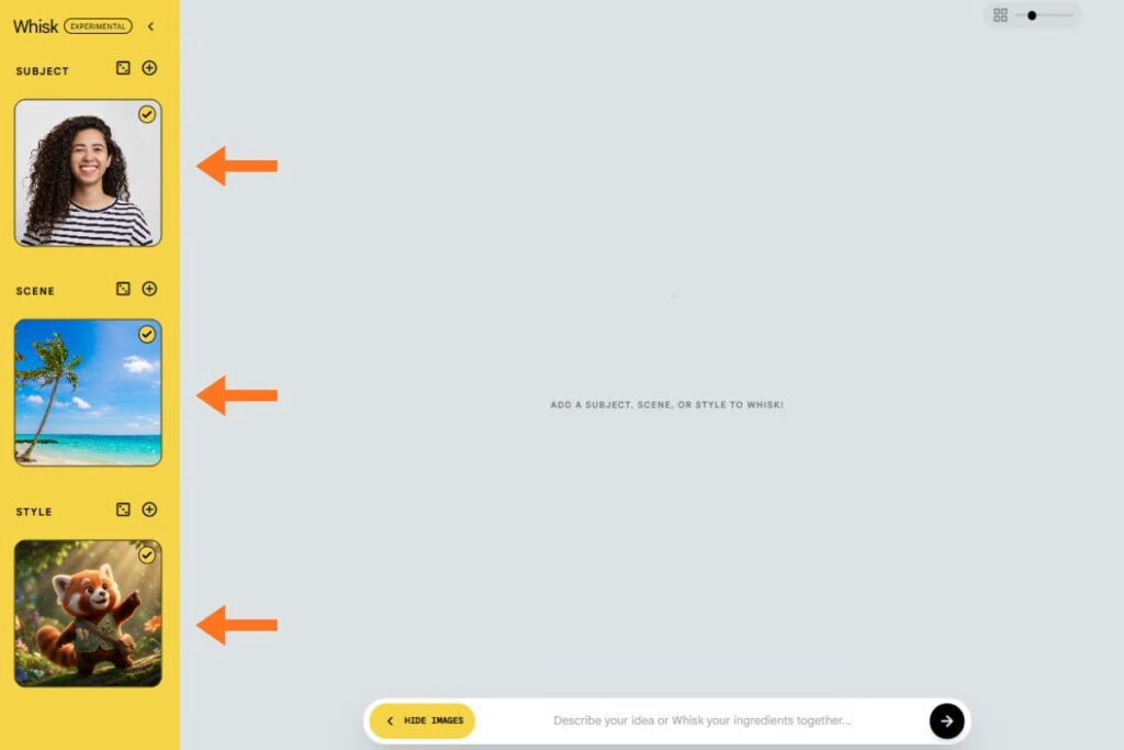 Setas indicam onde adicionar cada imagem de referência na área de trabalho do Whisk do Google