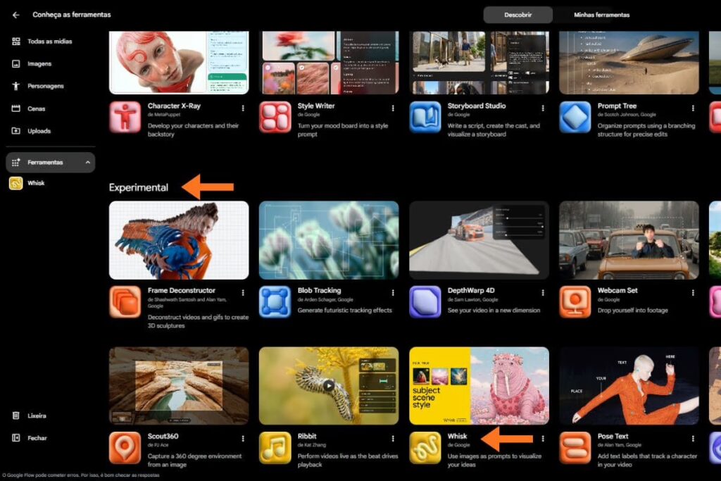 Página de ferramentas do Flow onde encontrará o Whisk do Google
