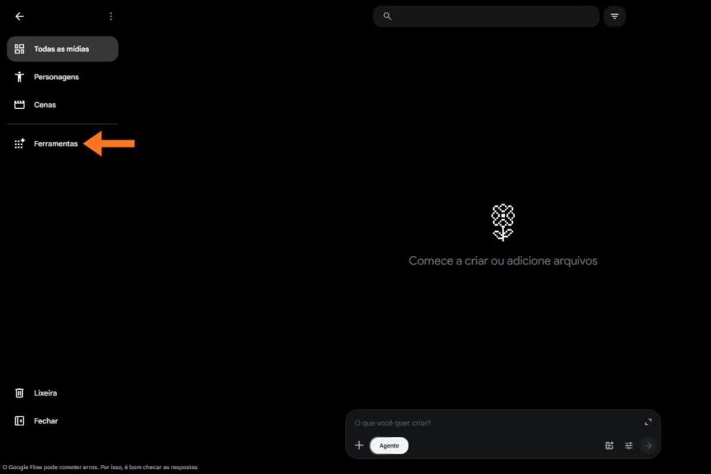Acesse "Ferramentas" na barra lateral do Flow para visualizar o Whisk do Google