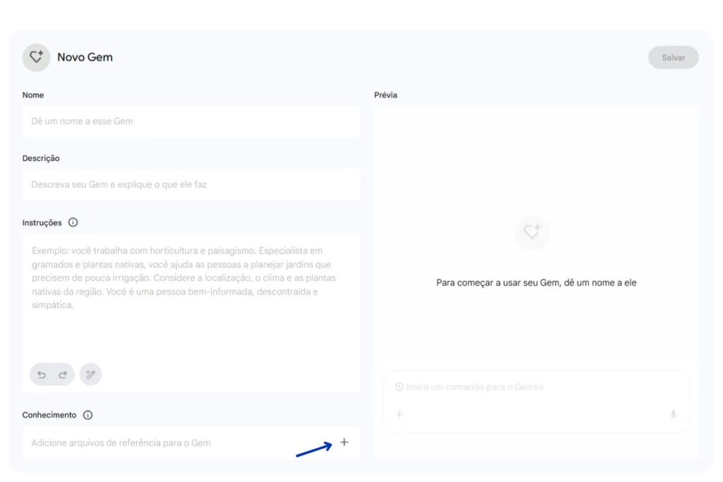 Tela da seção de criação de Gems do Gemini com seta apontando para o espaço onde devem ser adicionados arquivos