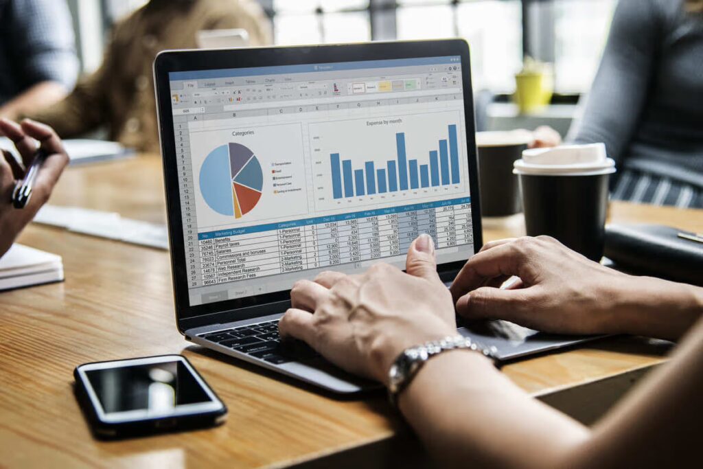 Profissional fazendo o levantamento de dados empresariais na tela de um notebook
