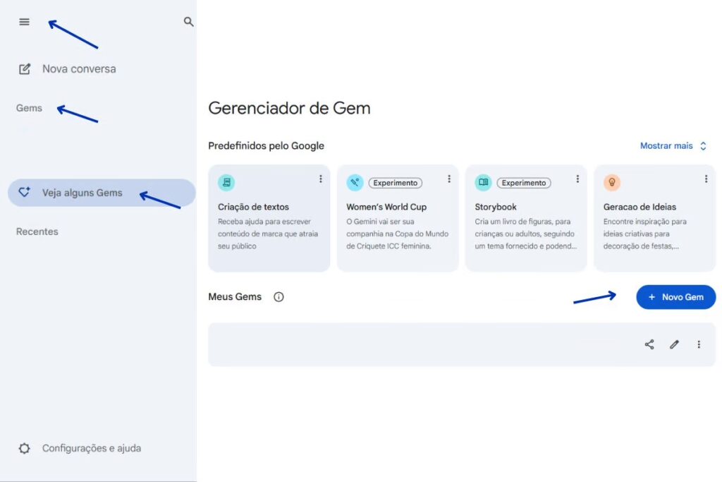 Tela do Gerenciador de Gem do Gemini