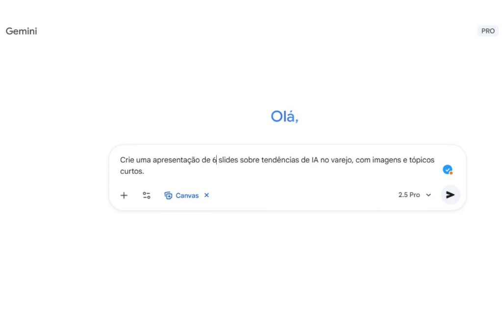 Exemplo de prompt para criar apresentações digitado no Gemini