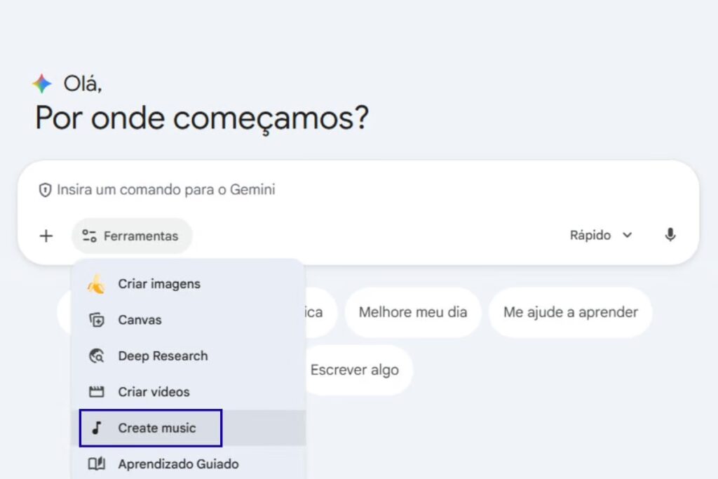 Tela inicial do aplicativo Gemini para criar música com o Lyria 3