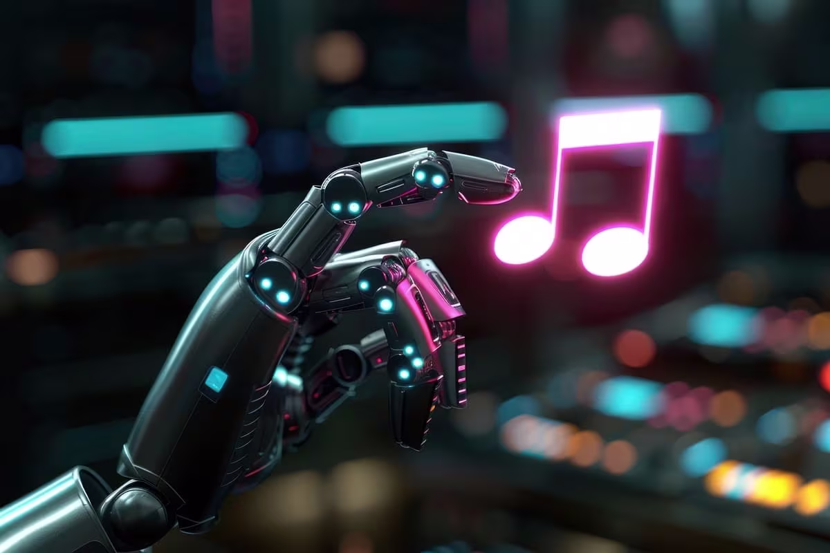 Imagem ilustra inteligência artificial com um símbolo de nota musical para falar do Lyria 3