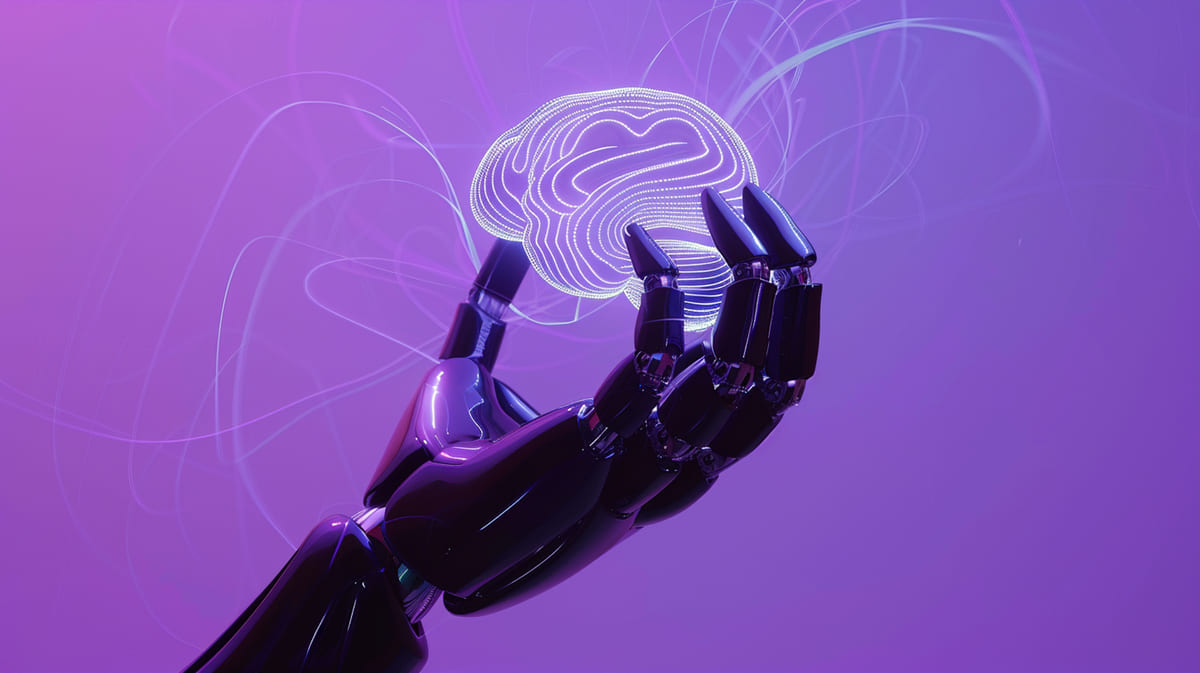Os impactos da inteligência artificial são representados por uma mão robótica escura segurando um cérebro digital luminoso envolto em linhas de luz sobre um fundo roxo escuro.