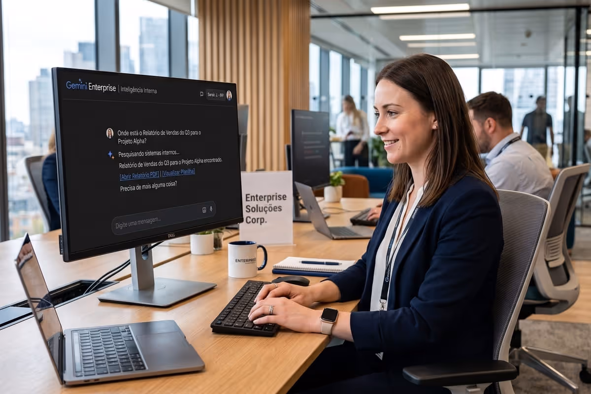 Mulher usando Gemini Enterprise e Google Workspace para agilizar processos na empresa