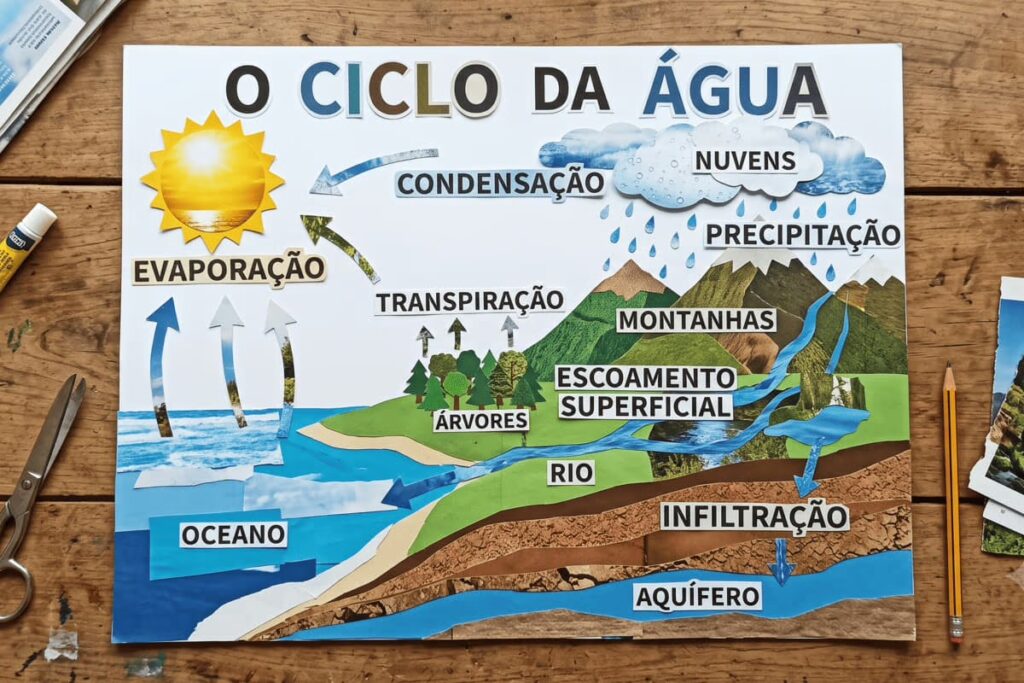 Infográfico gerado pelo Nano Banana ilustra ciclo da água