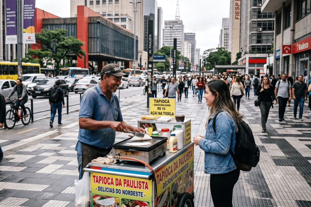 Imagem gerada pelo Nana Banana simula um vendedor na Avenida Paulista em São Paulo