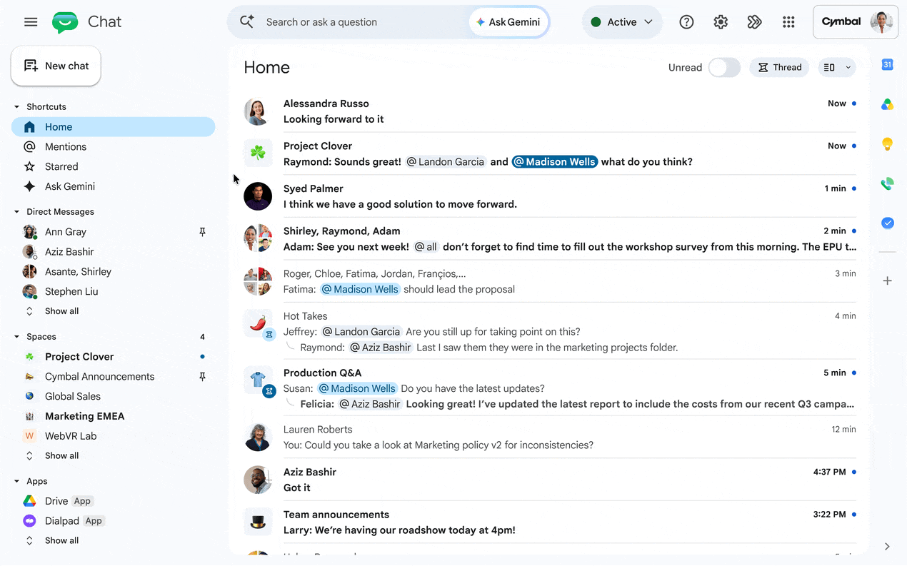 Simulação de pergunta ao Gemini no chat do Google Workspace